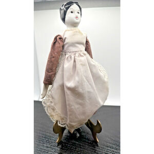 Antique Porcelain & Cloth Boudoir Sofa Doll 7" Brown and Lace Apron Plain